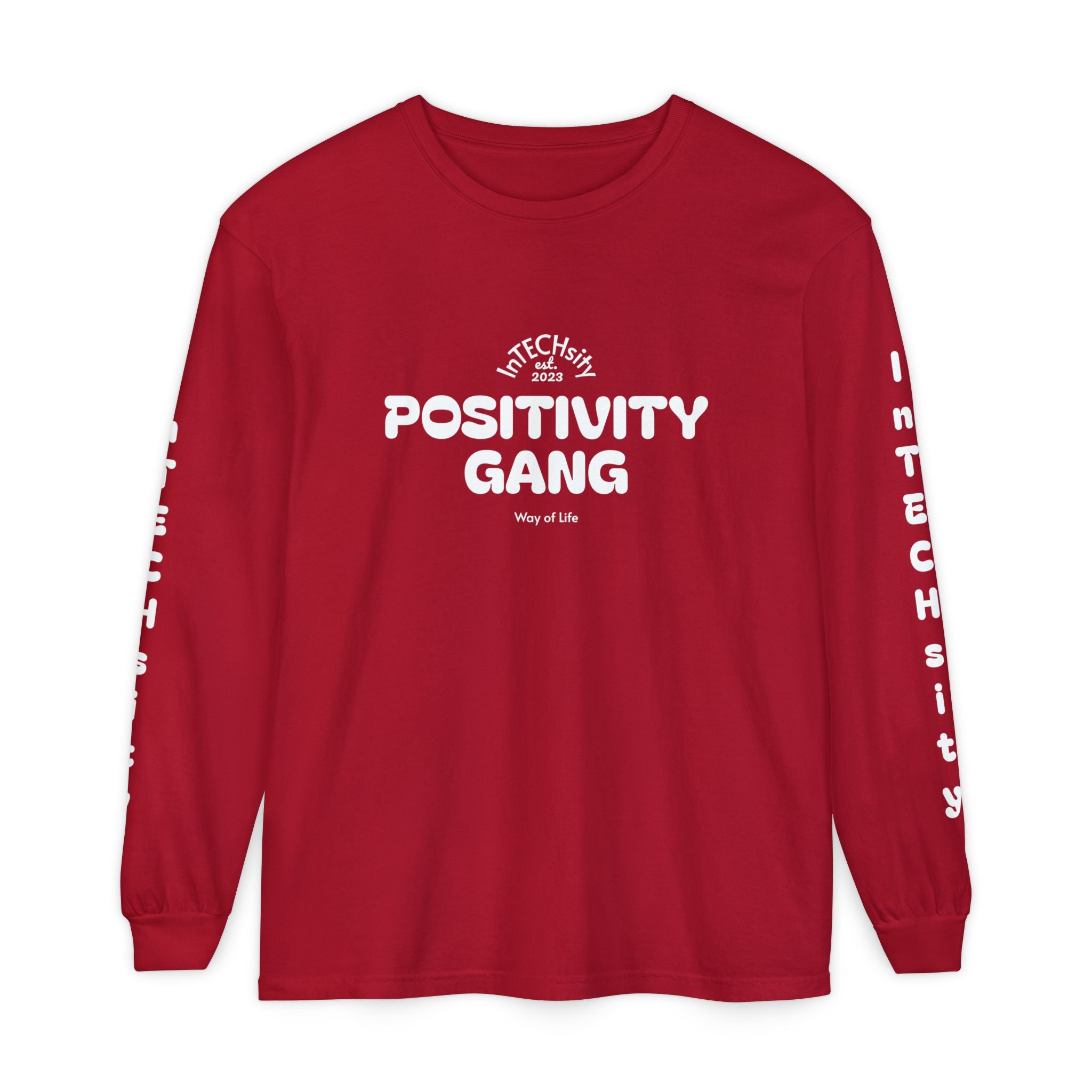 Positivity Gang Long Sleeve T-Shirt | Sleeve Text Crewneck