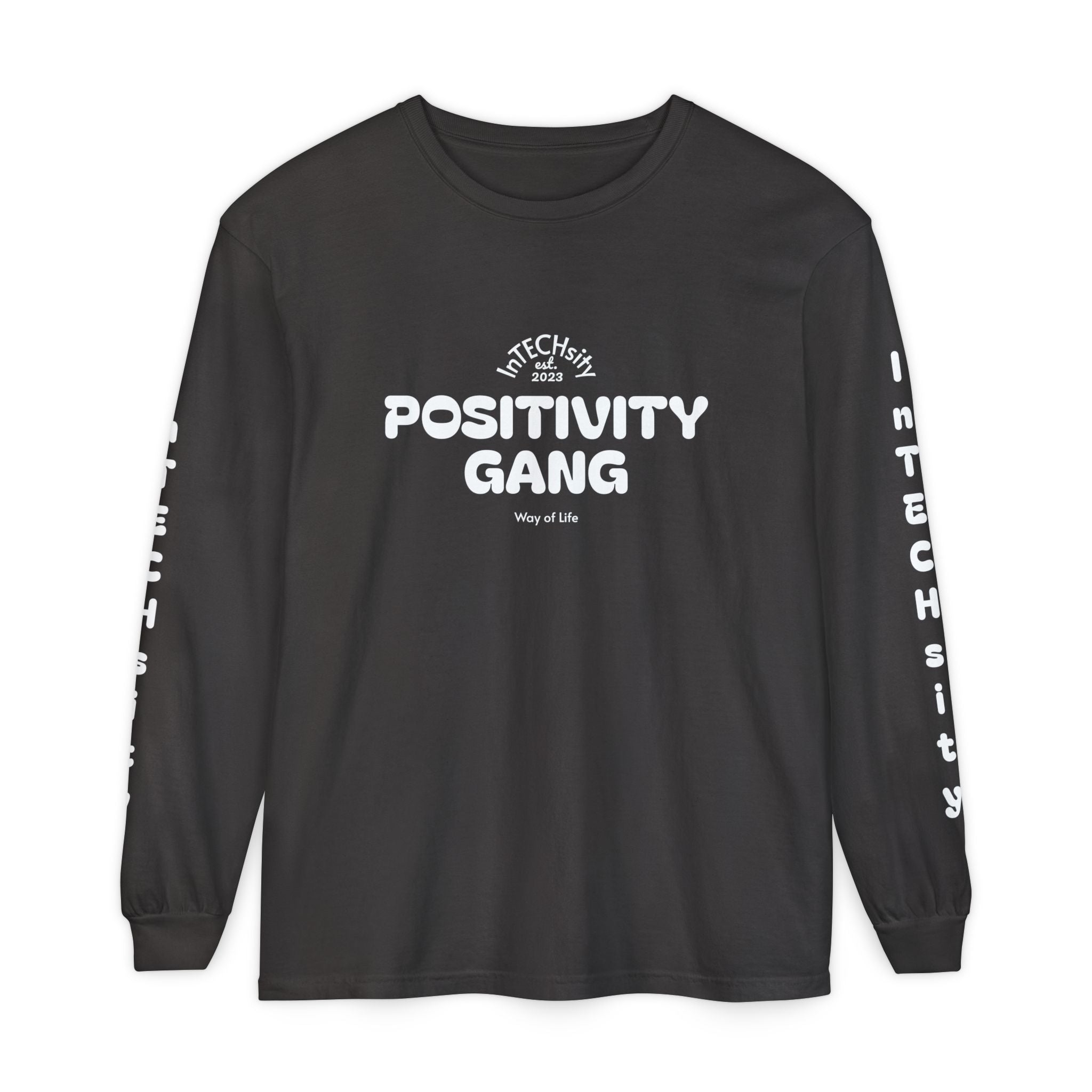 Positivity Gang Long Sleeve T-Shirt | Sleeve Text Crewneck
