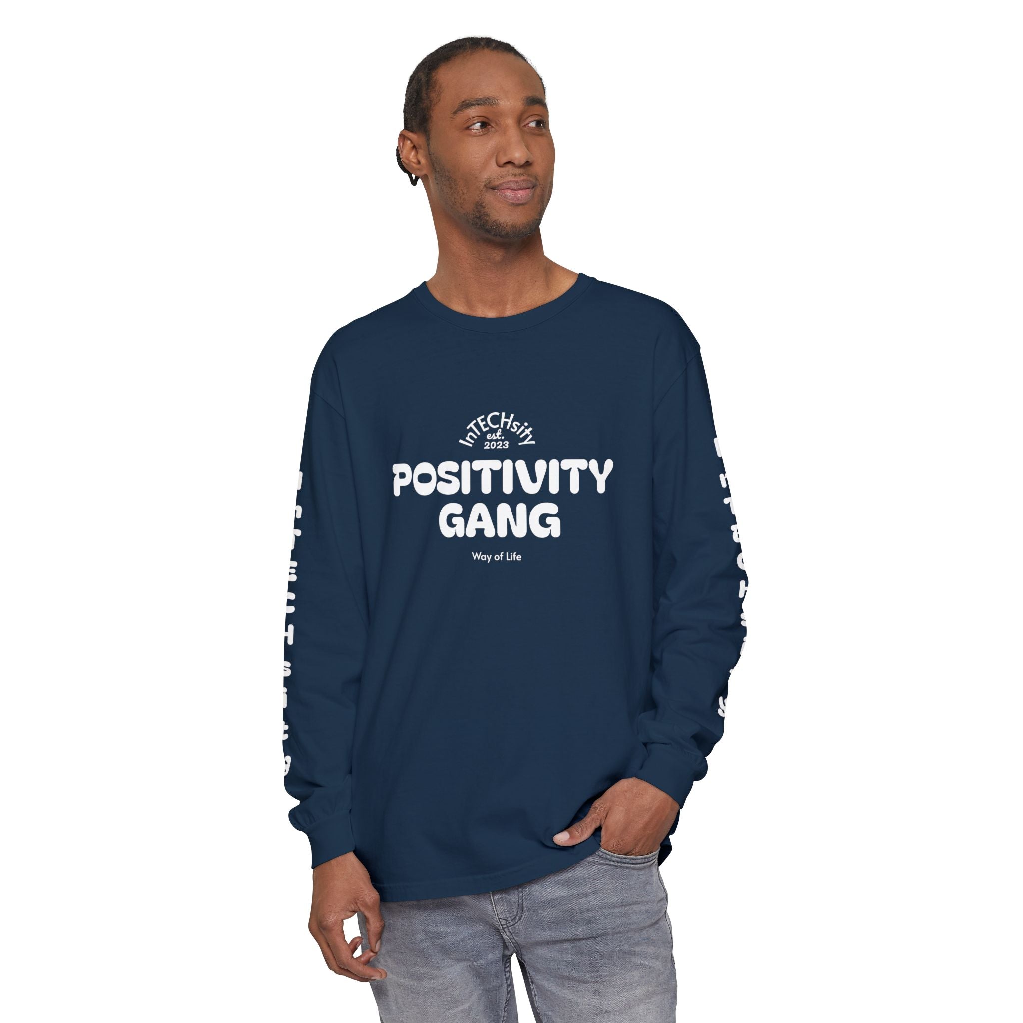 Positivity Gang Long Sleeve T-Shirt | Sleeve Text Crewneck