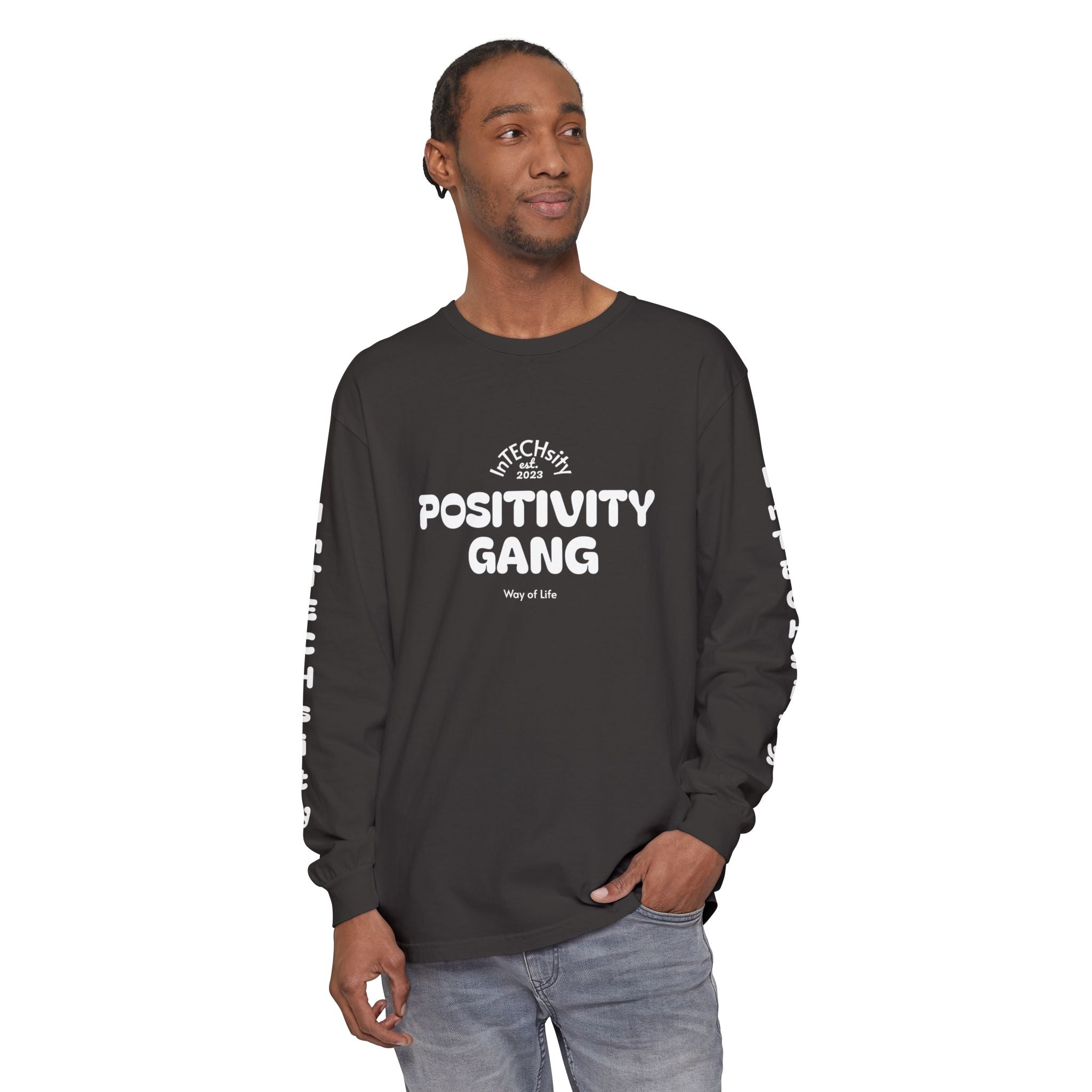Positivity Gang Long Sleeve T-Shirt | Sleeve Text Crewneck