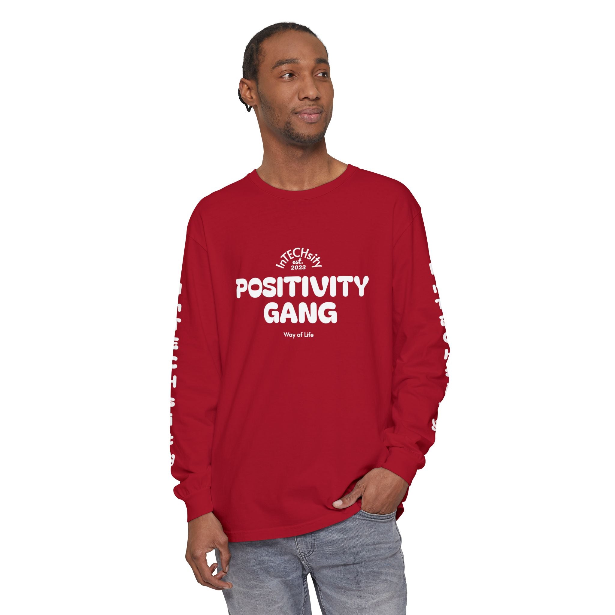 Positivity Gang Long Sleeve T-Shirt | Sleeve Text Crewneck