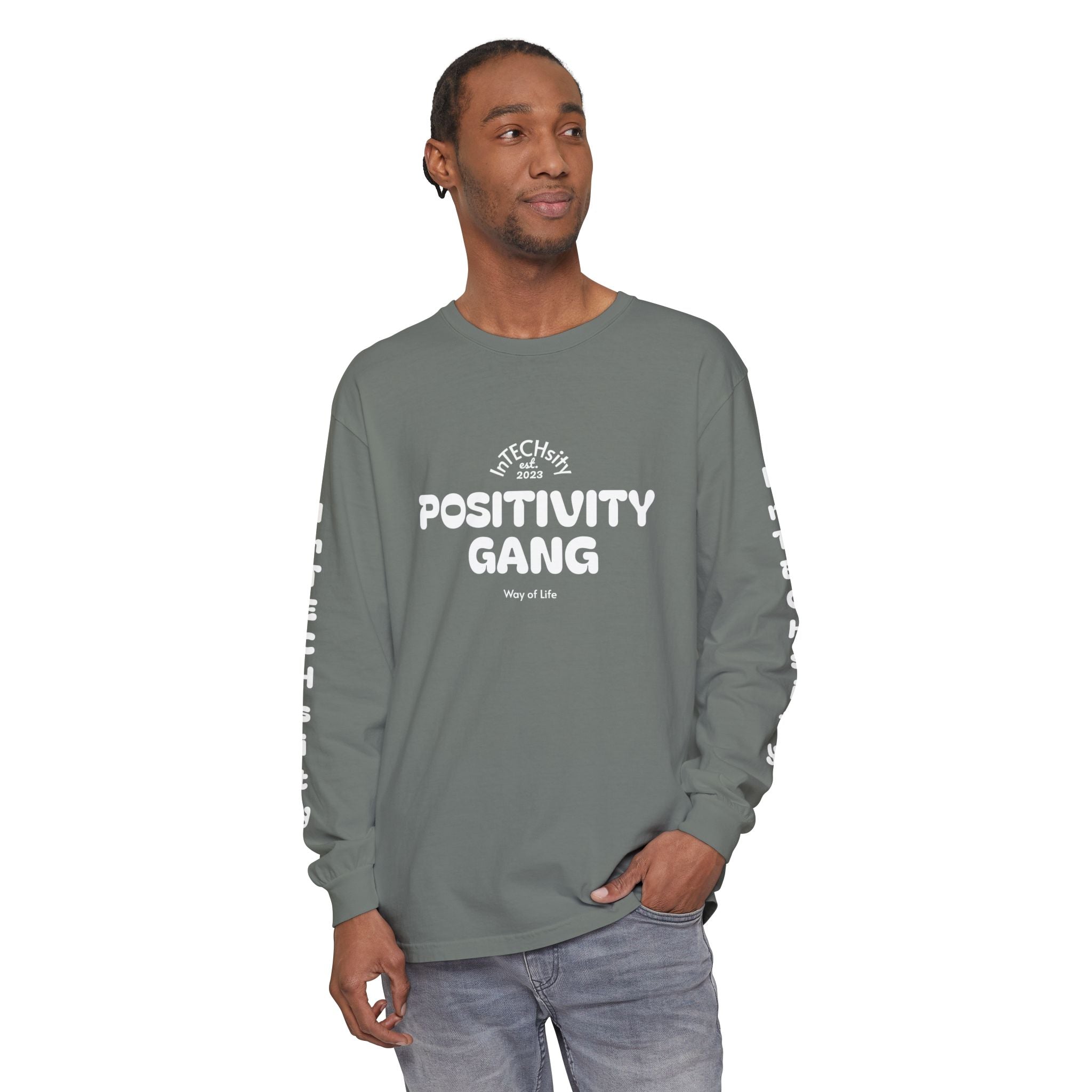 Positivity Gang Long Sleeve T-Shirt | Sleeve Text Crewneck