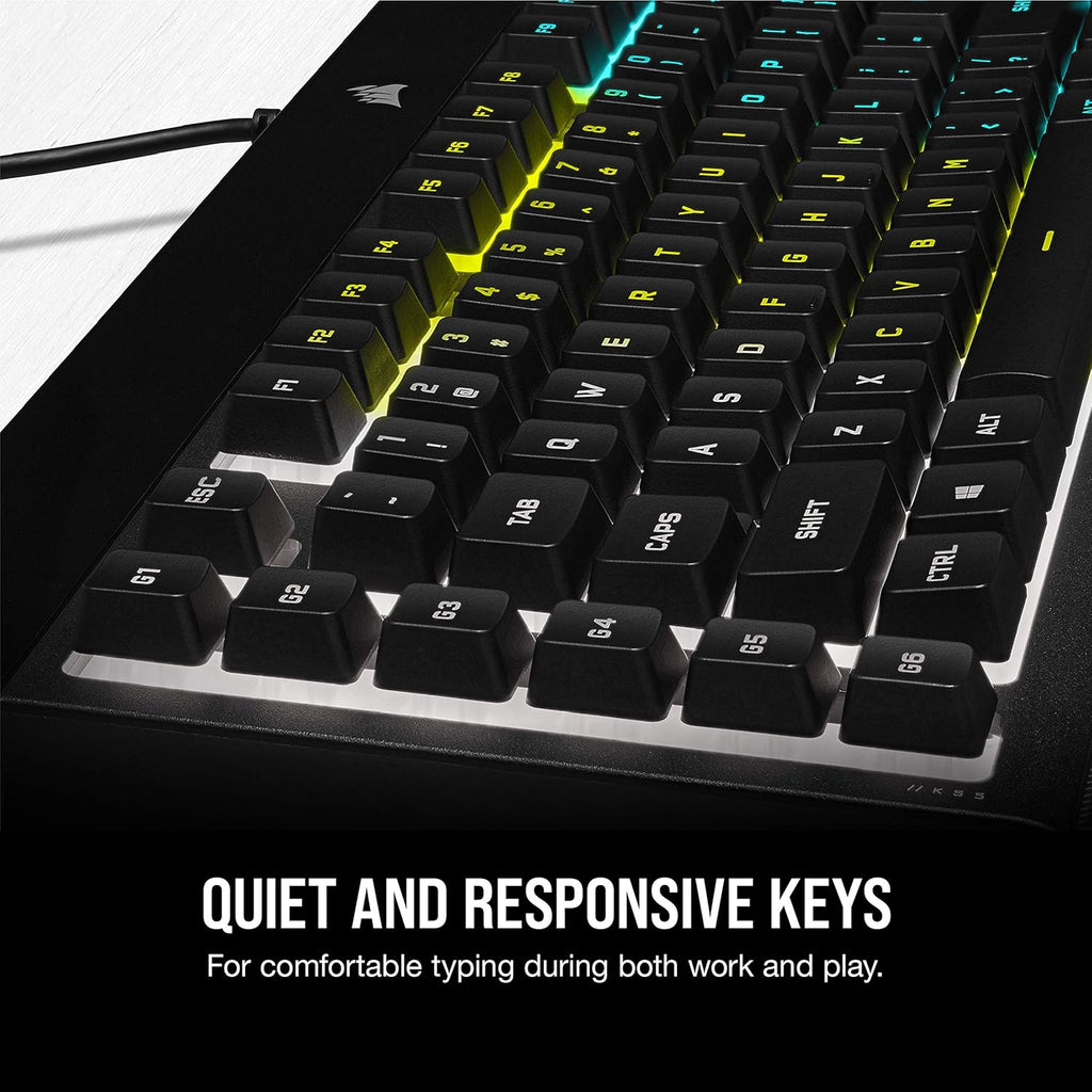 K55 RGB PRO - Dynamic RGB Backlighting - Six Macro Keys with Elgato Stream Deck Software Integration - IP42 Dust and Spill Resistant - Detachable Palm Rest - Dedicated Media and Volume Keys