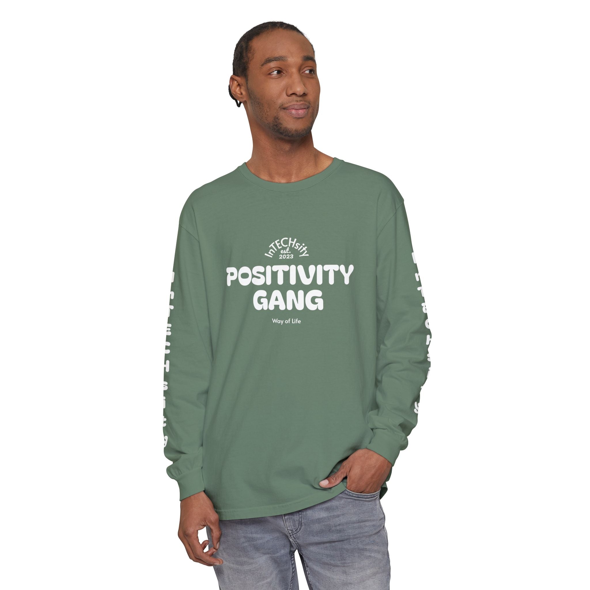 Positivity Gang Long Sleeve T-Shirt | Sleeve Text Crewneck