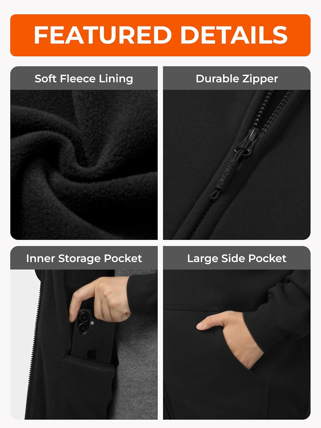 [Upgraded] 4-Zone Heated Hoodie with Heated Collar, Fleece Full-Zip Heated Sweatshirt Hoodie with Battery